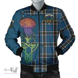 Scottish Thomson Dress Blue Tartan Family Crest with Thistle and Scotland Map Tartan Plaid Bomber Jacket Scottish Plaid Tartan Plaid - ScotsTee - scotstee.com