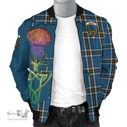 Scottish Thomson Dress Blue Tartan Family Crest with Thistle and Scotland Map Tartan Plaid Bomber Jacket Scottish Plaid Tartan Plaid - ScotsTee - scotstee.com