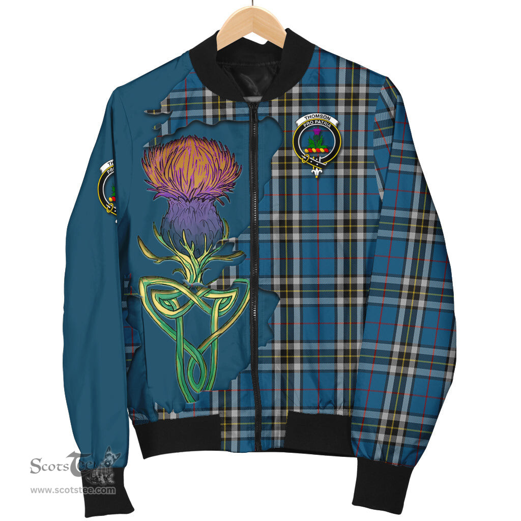 Scottish Thomson Dress Blue Tartan Family Crest with Thistle and Scotland Map Tartan Plaid Bomber Jacket Scottish Plaid Tartan Plaid - ScotsTee - scotstee.com