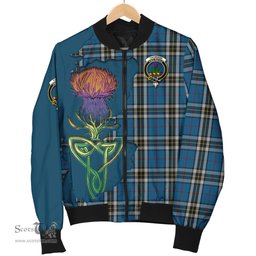 Scottish Thomson Dress Blue Tartan Family Crest with Thistle and Scotland Map Tartan Plaid Bomber Jacket Scottish Plaid Tartan Plaid - ScotsTee - scotstee.com