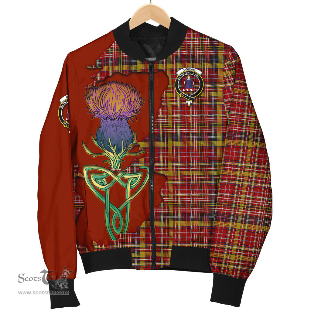 Scottish Ogilvie (Ogilvy) of Strathallan Tartan Family Crest with Thistle and Scotland Map Tartan Plaid Bomber Jacket Scottish Plaid Tartan Plaid - ScotsTee - scotstee.com