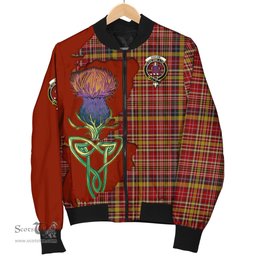 Scottish Ogilvie (Ogilvy) of Strathallan Tartan Family Crest with Thistle and Scotland Map Tartan Plaid Bomber Jacket Scottish Plaid Tartan Plaid - ScotsTee - scotstee.com