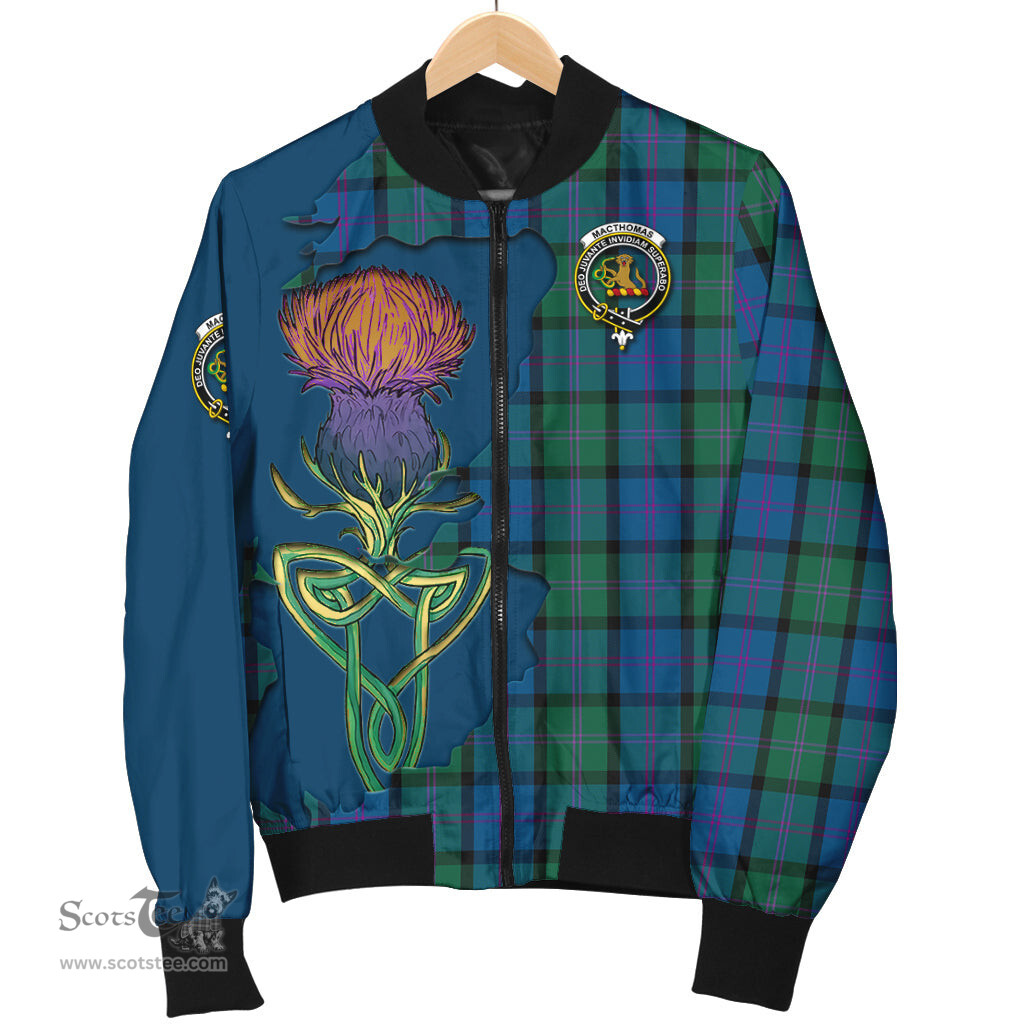 Scottish MacThomas Tartan Family Crest with Thistle and Scotland Map Tartan Plaid Bomber Jacket Scottish Plaid Tartan Plaid - ScotsTee - scotstee.com
