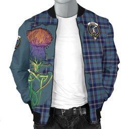 Scottish MacRaes of America Tartan Family Crest with Thistle and Scotland Map Tartan Plaid Bomber Jacket Scottish Plaid Tartan Plaid - ScotsTee - scotstee.com