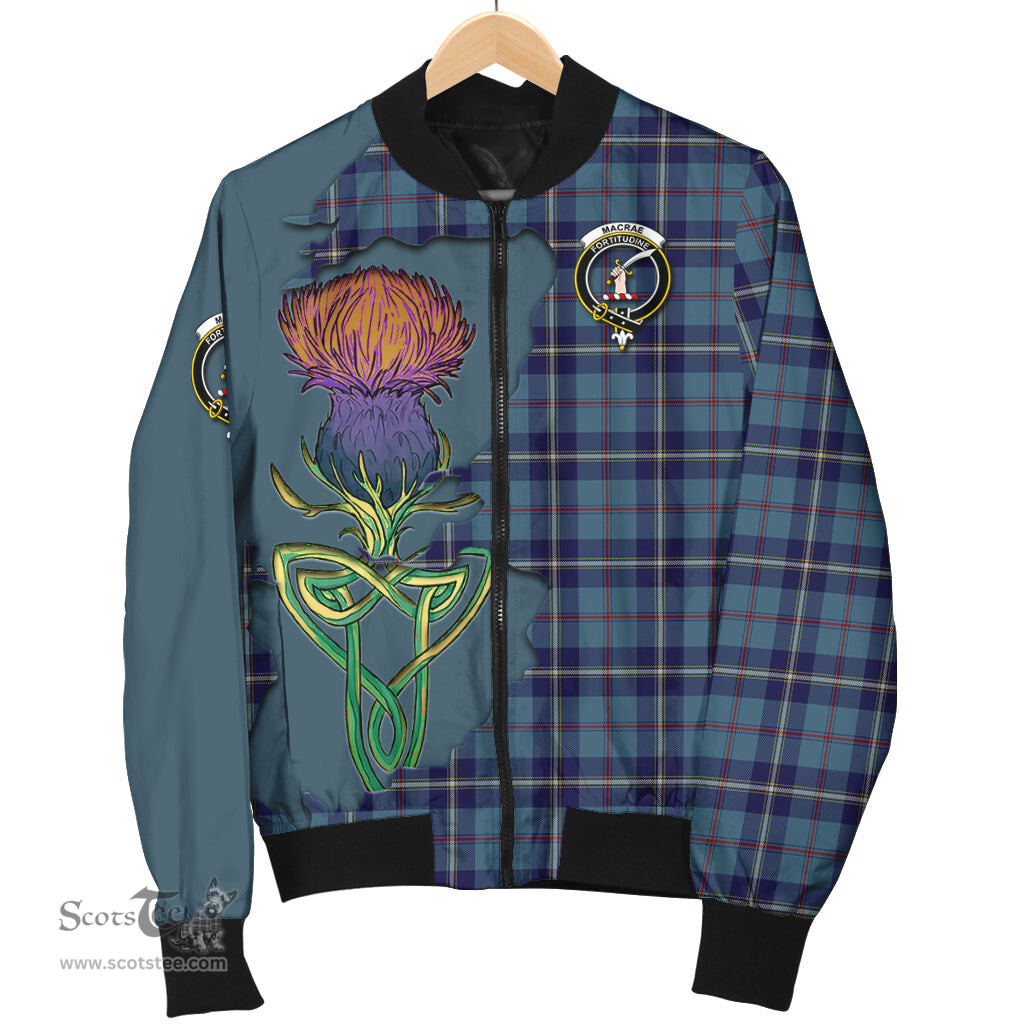 Scottish MacRaes of America Tartan Family Crest with Thistle and Scotland Map Tartan Plaid Bomber Jacket Scottish Plaid Tartan Plaid - ScotsTee - scotstee.com