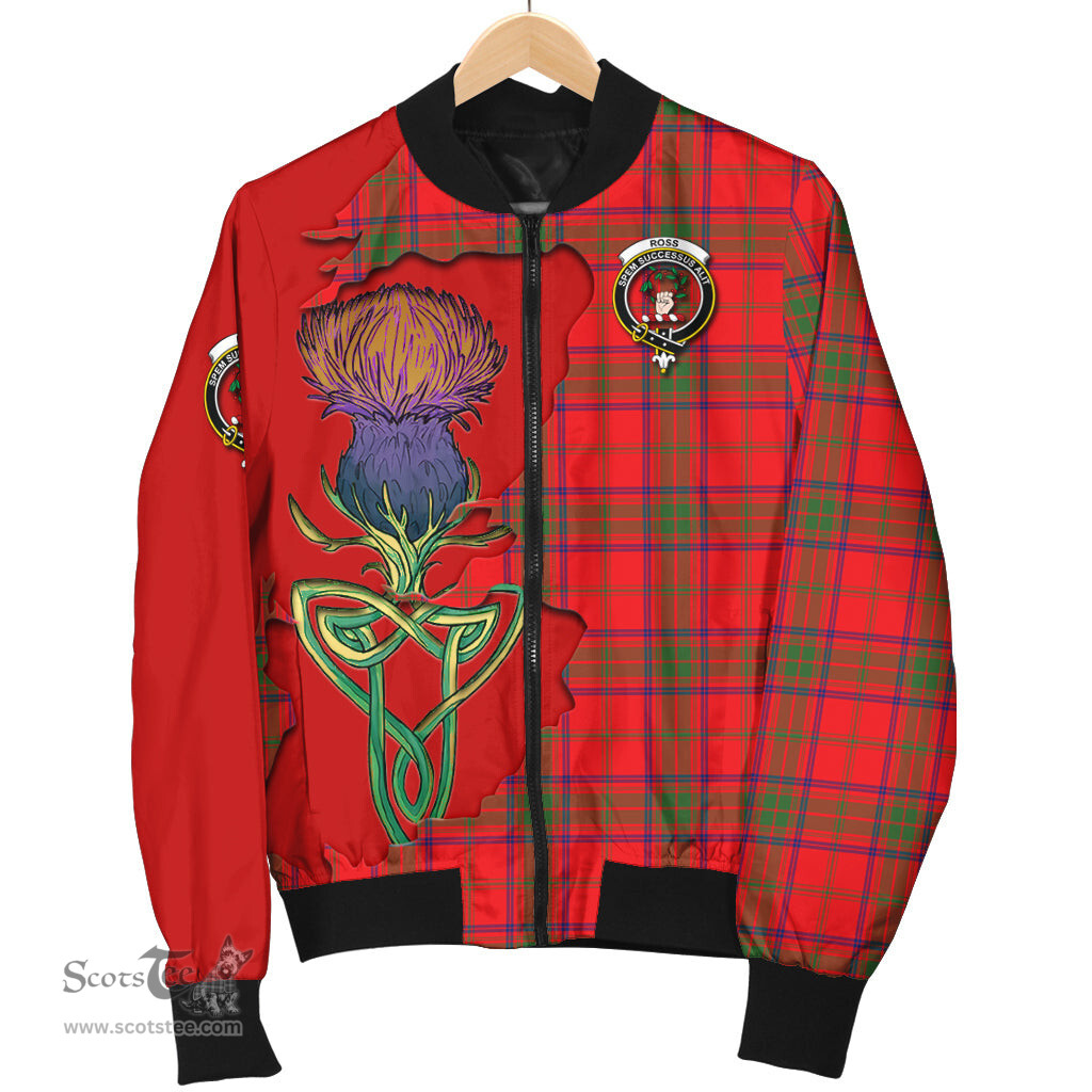 Scottish Ross Modern Tartan Family Crest with Thistle and Scotland Map Tartan Plaid Bomber Jacket Scottish Plaid Tartan Plaid - ScotsTee - scotstee.com