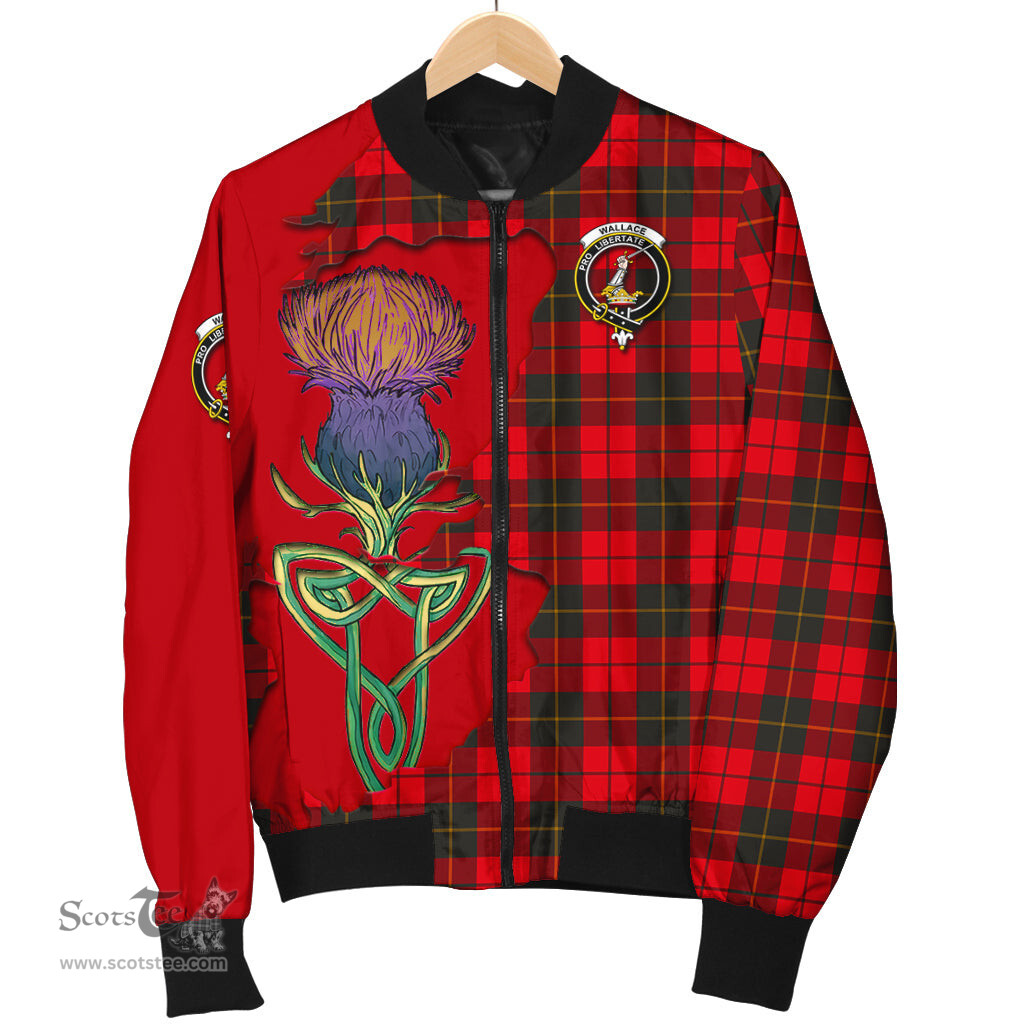 Scottish Wallace Weathered Tartan Family Crest with Thistle and Scotland Map Tartan Plaid Bomber Jacket Scottish Plaid Tartan Plaid - ScotsTee - scotstee.com