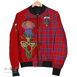 Scottish Rait Tartan Family Crest with Thistle and Scotland Map Tartan Plaid Bomber Jacket Scottish Plaid Tartan Plaid - ScotsTee - scotstee.com