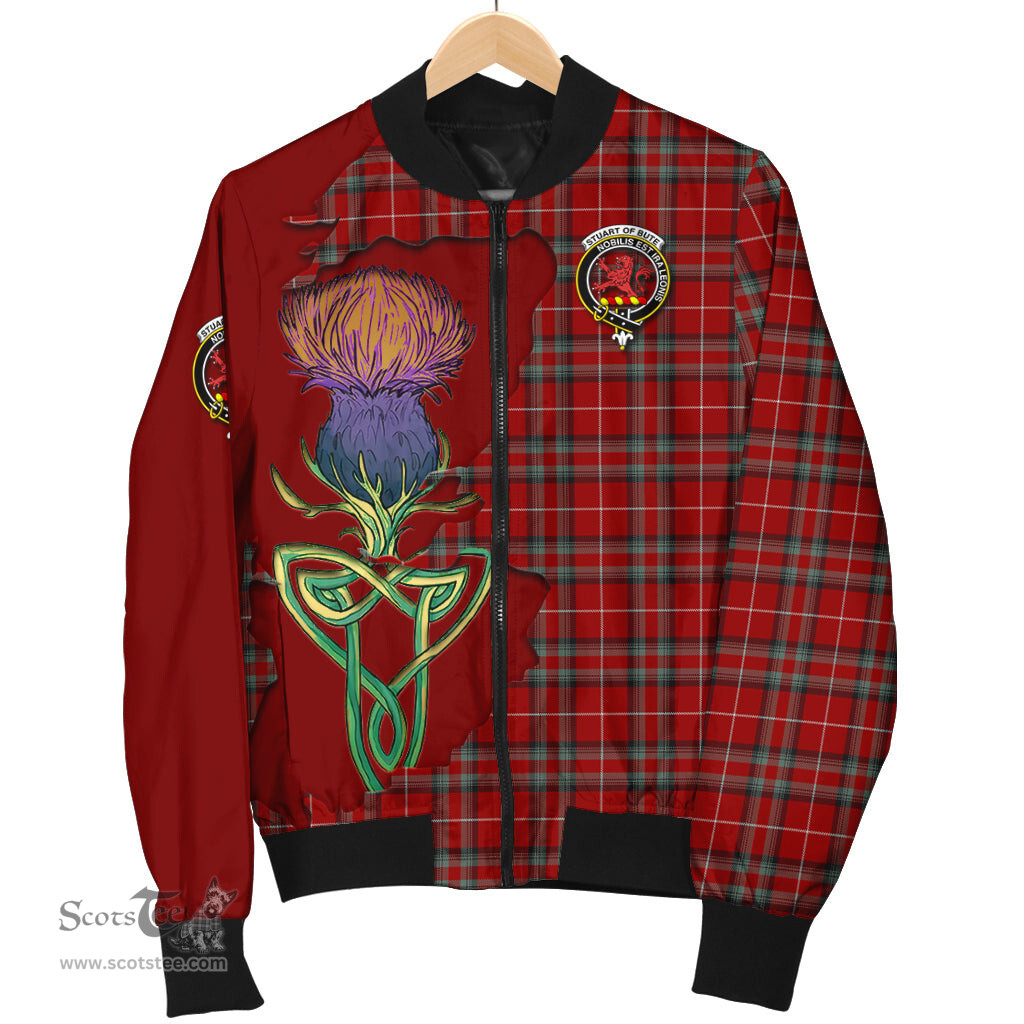 Scottish Stuart of Bute Tartan Family Crest with Thistle and Scotland Map Tartan Plaid Bomber Jacket Scottish Plaid Tartan Plaid - ScotsTee - scotstee.com