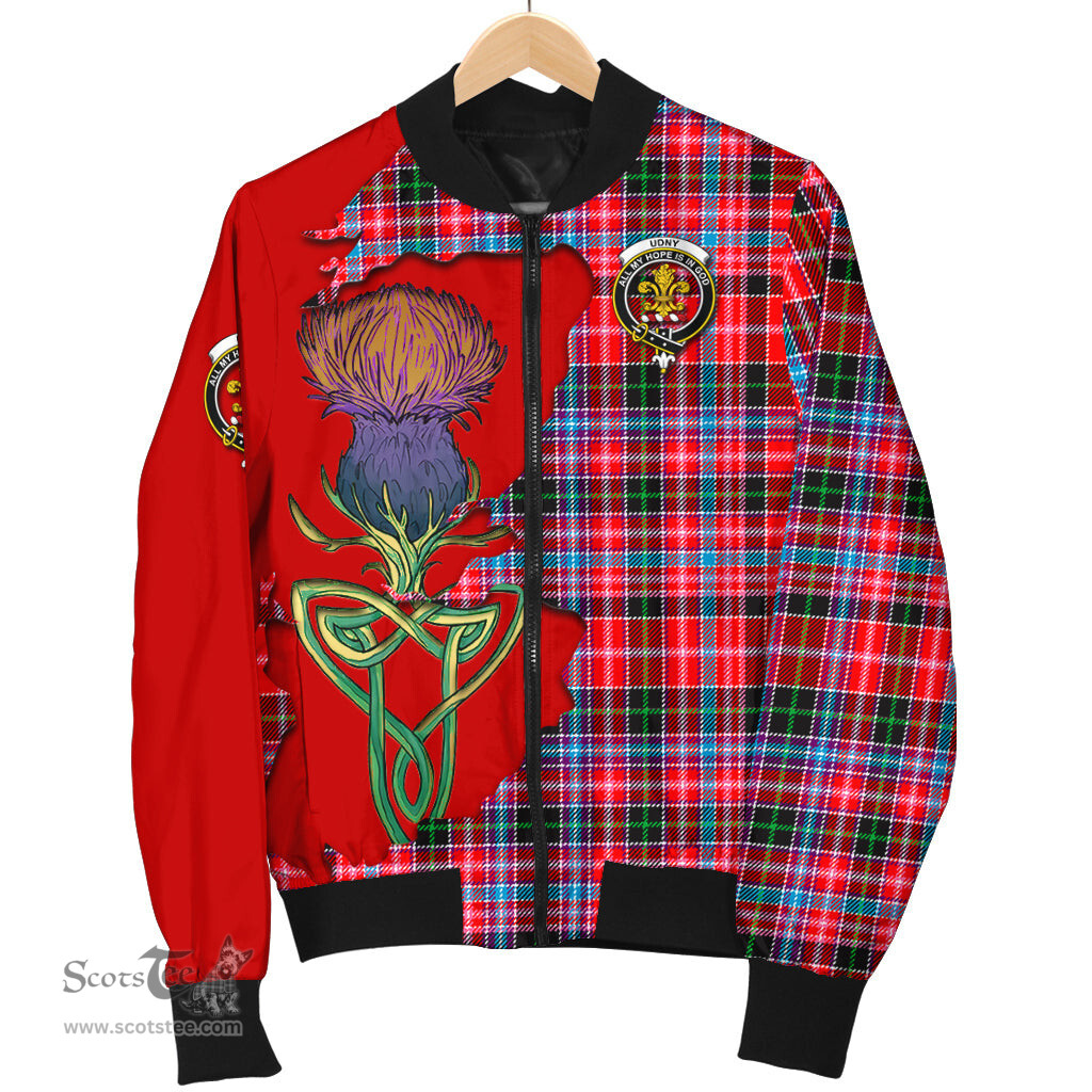 Scottish Udny Tartan Family Crest with Thistle and Scotland Map Tartan Plaid Bomber Jacket Scottish Plaid Tartan Plaid - ScotsTee - scotstee.com