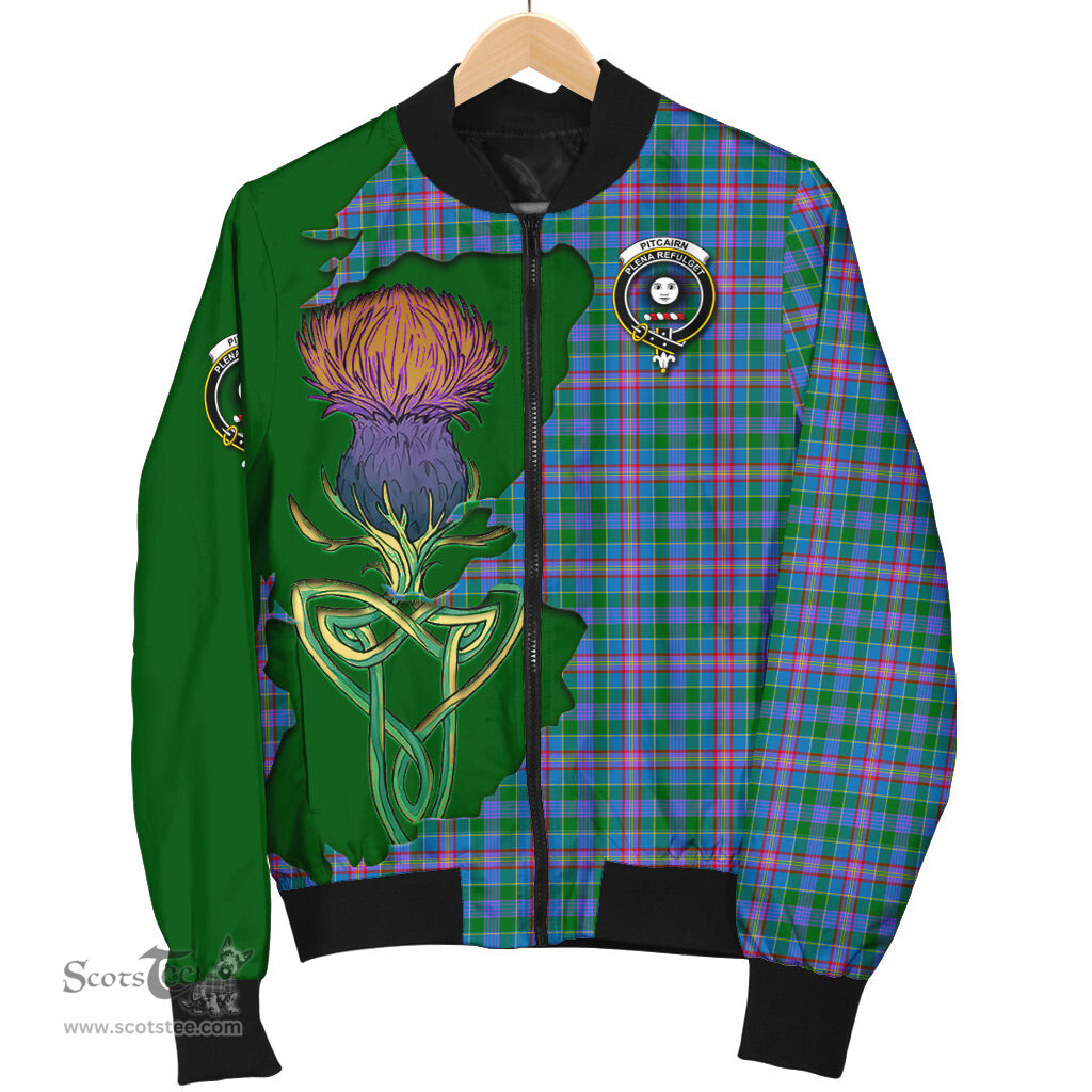 Scottish Pitcairn Hunting Tartan Family Crest with Thistle and Scotland Map Tartan Plaid Bomber Jacket Scottish Plaid Tartan Plaid - ScotsTee - scotstee.com