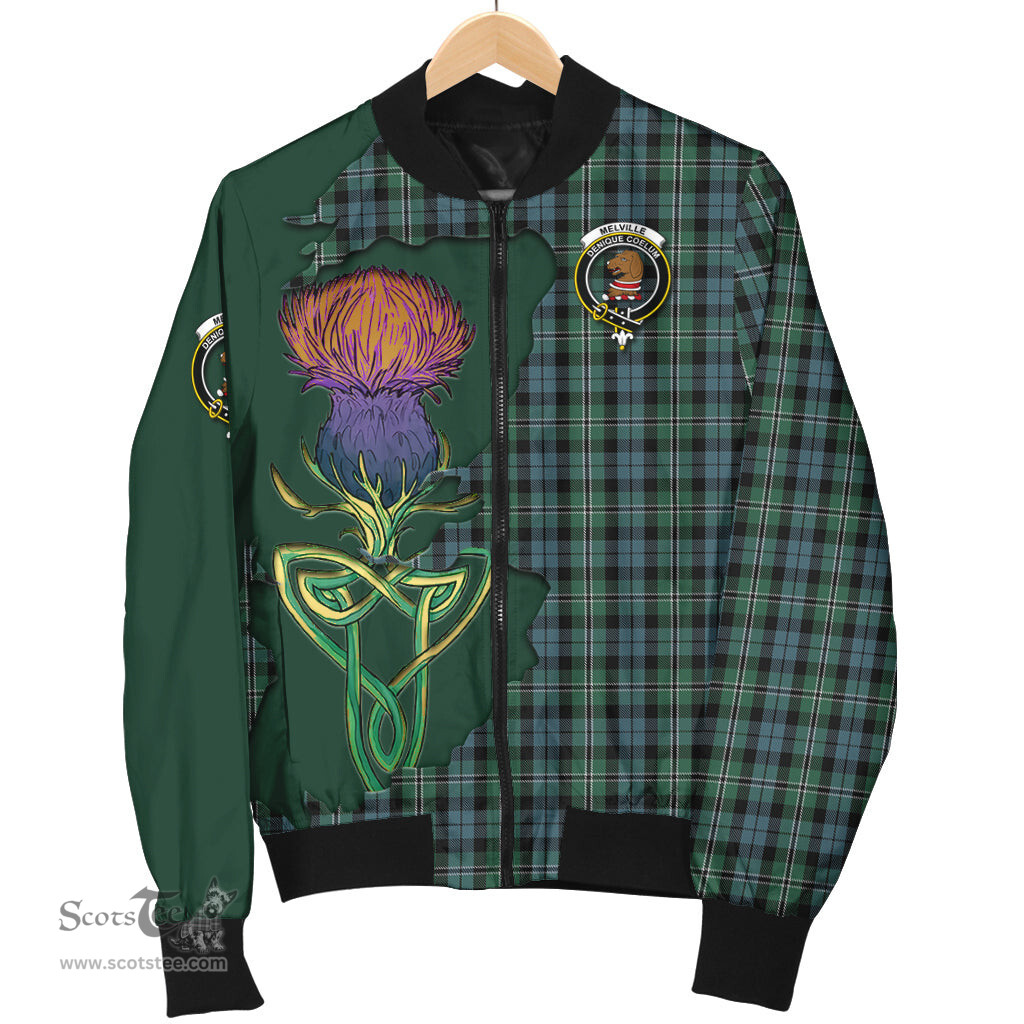 Scottish Melville Tartan Family Crest with Thistle and Scotland Map Tartan Plaid Bomber Jacket Scottish Plaid Tartan Plaid - ScotsTee - scotstee.com