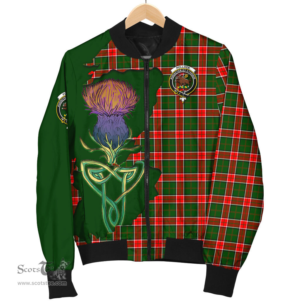 Scottish Pollock Modern Tartan Family Crest with Thistle and Scotland Map Tartan Plaid Bomber Jacket Scottish Plaid Tartan Plaid - ScotsTee - scotstee.com
