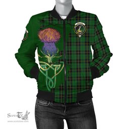 Scottish Wallace Hunting Tartan Family Crest with Thistle and Scotland Map Tartan Plaid Bomber Jacket Scottish Plaid Tartan Plaid - ScotsTee - scotstee.com