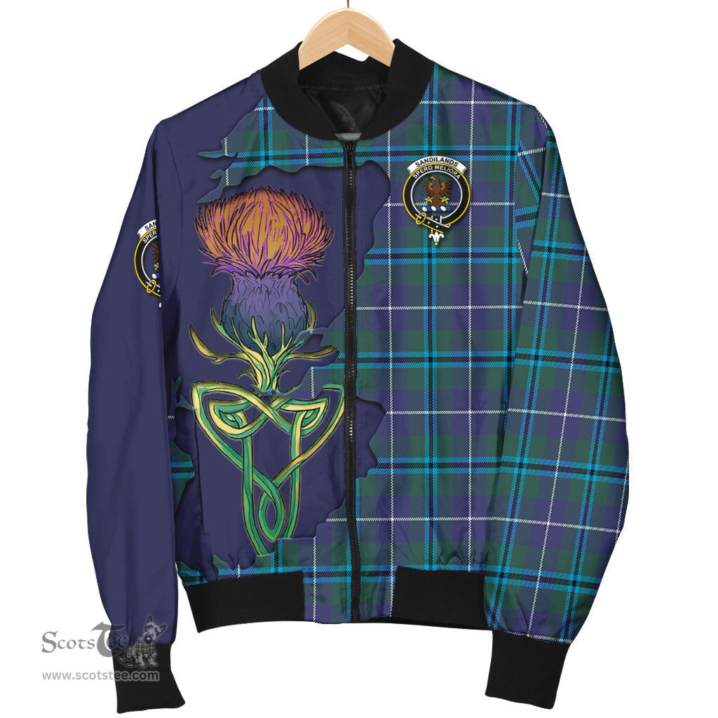 Scottish Sandilands Tartan Family Crest with Thistle and Scotland Map Tartan Plaid Bomber Jacket Scottish Plaid Tartan Plaid - ScotsTee - scotstee.com