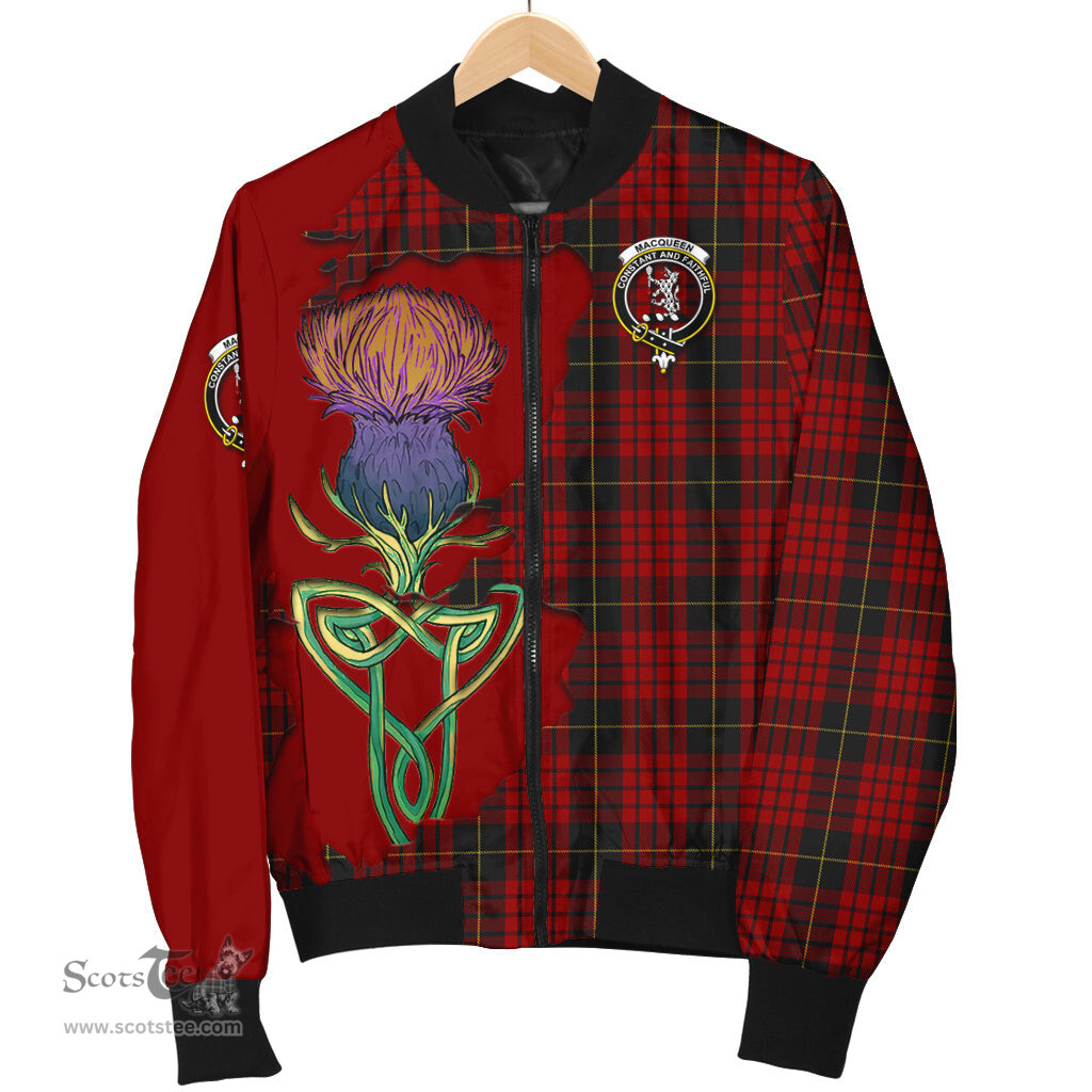 Scottish MacQueen Tartan Family Crest with Thistle and Scotland Map Tartan Plaid Bomber Jacket Scottish Plaid Tartan Plaid - ScotsTee - scotstee.com