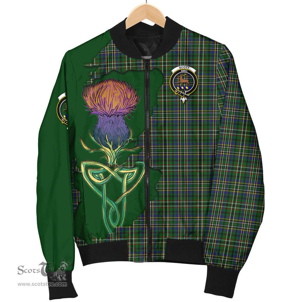 Scottish Scott Green Tartan Family Crest with Thistle and Scotland Map Tartan Plaid Bomber Jacket Scottish Plaid Tartan Plaid - ScotsTee - scotstee.com
