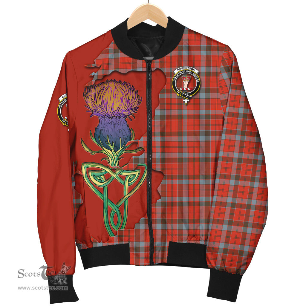 Scottish Robertson Weathered Tartan Family Crest with Thistle and Scotland Map Tartan Plaid Bomber Jacket Scottish Plaid Tartan Plaid - ScotsTee - scotstee.com