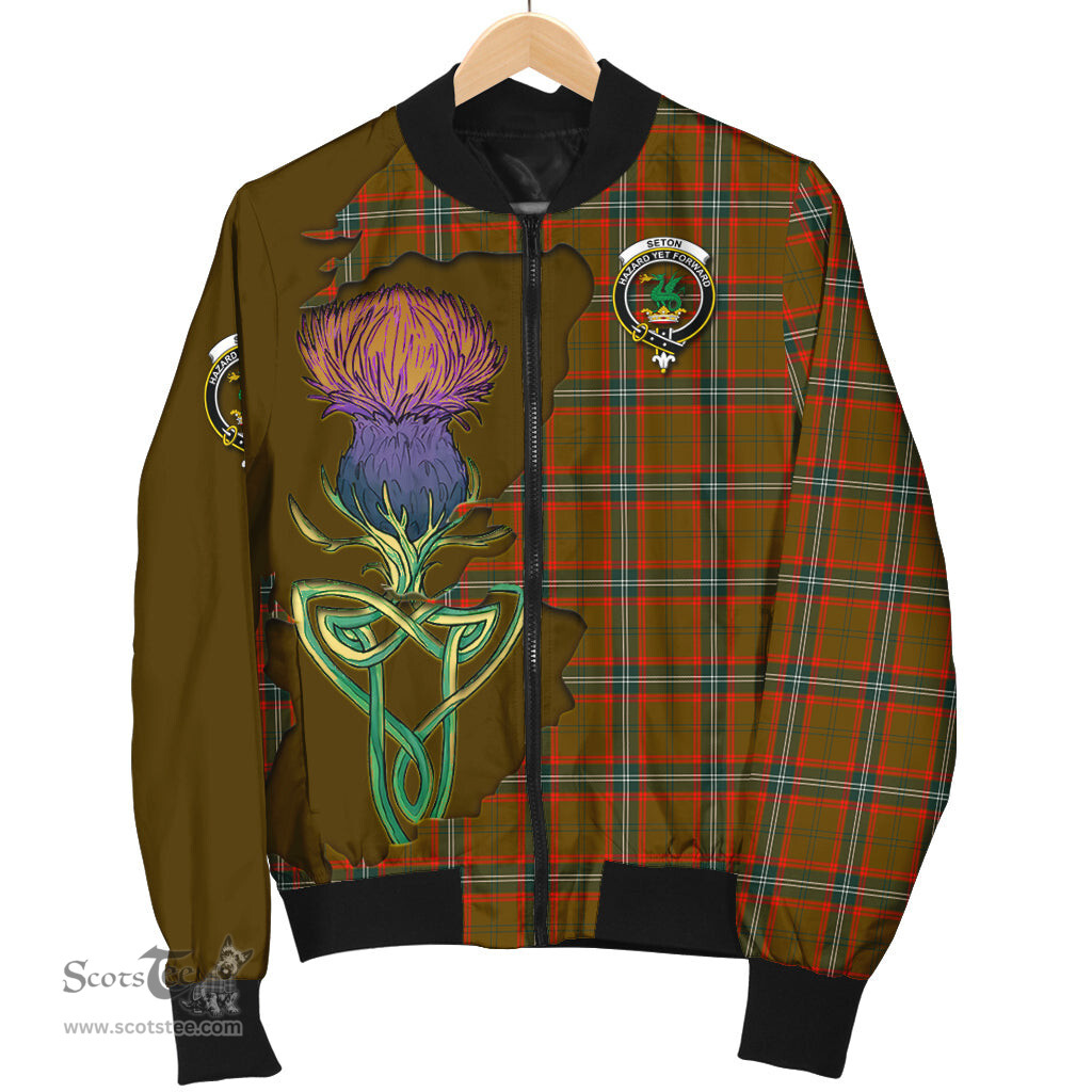 Scottish Seton Hunting Modern Tartan Family Crest with Thistle and Scotland Map Tartan Plaid Bomber Jacket Scottish Plaid Tartan Plaid - ScotsTee - scotstee.com