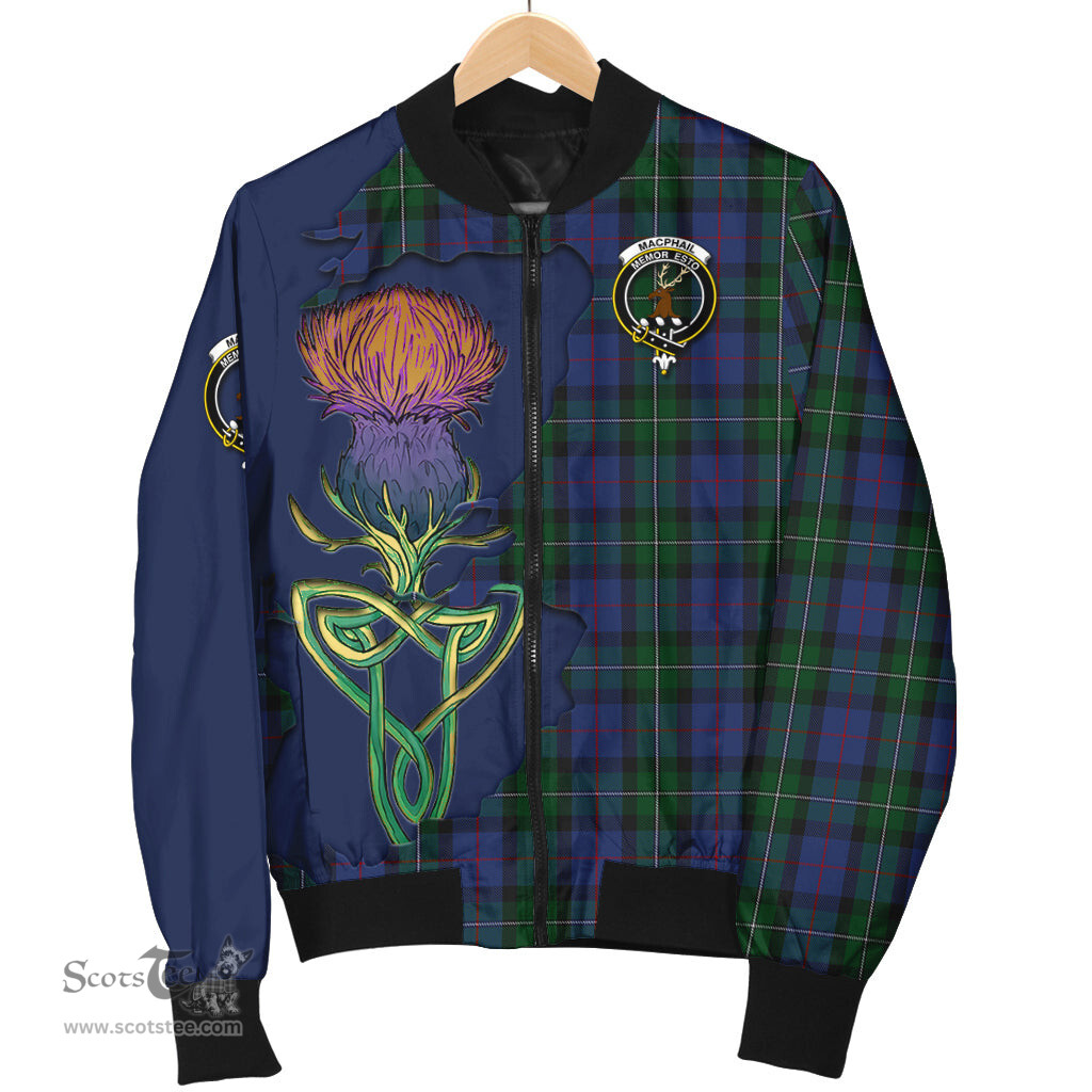 Scottish MacPhail Hunting Tartan Family Crest with Thistle and Scotland Map Tartan Plaid Bomber Jacket Scottish Plaid Tartan Plaid - ScotsTee - scotstee.com