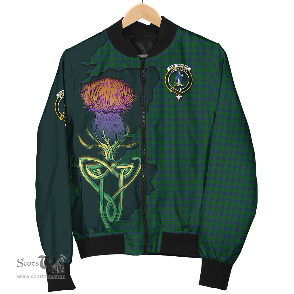 Scottish Montgomery Tartan Family Crest with Thistle and Scotland Map Tartan Plaid Bomber Jacket Scottish Plaid Tartan Plaid - ScotsTee - scotstee.com