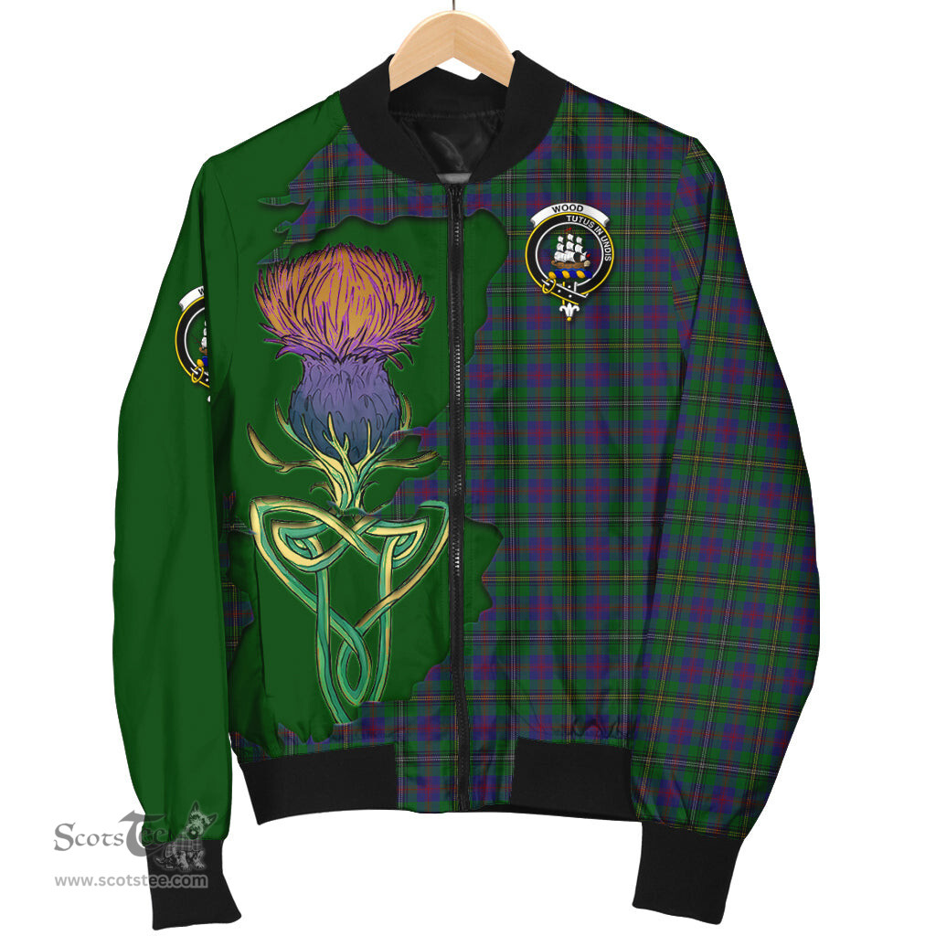 Scottish Wood Tartan Family Crest with Thistle and Scotland Map Tartan Plaid Bomber Jacket Scottish Plaid Tartan Plaid - ScotsTee - scotstee.com