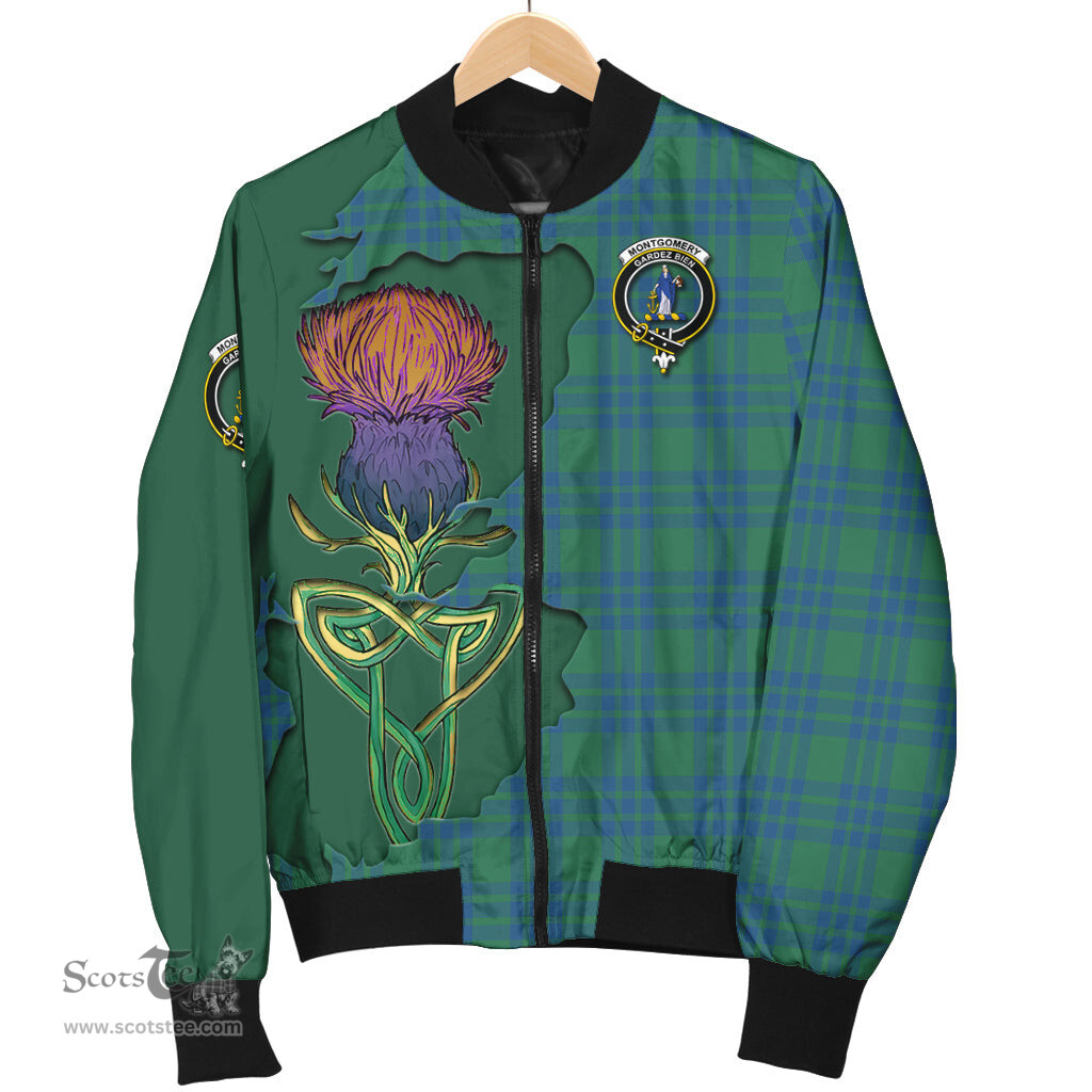 Scottish Montgomery Ancient Tartan Family Crest with Thistle and Scotland Map Tartan Plaid Bomber Jacket Scottish Plaid Tartan Plaid - ScotsTee - scotstee.com
