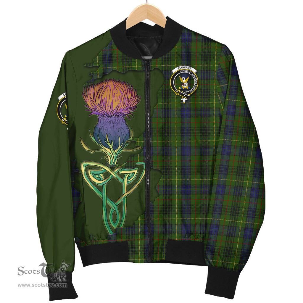 Scottish Stewart Hunting Tartan Family Crest with Thistle and Scotland Map Tartan Plaid Bomber Jacket Scottish Plaid Tartan Plaid - ScotsTee - scotstee.com