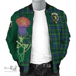 Scottish Stewart Hunting Modern Tartan Family Crest with Thistle and Scotland Map Tartan Plaid Bomber Jacket Scottish Plaid Tartan Plaid - ScotsTee - scotstee.com
