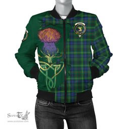 Scottish Stewart Hunting Modern Tartan Family Crest with Thistle and Scotland Map Tartan Plaid Bomber Jacket Scottish Plaid Tartan Plaid - ScotsTee - scotstee.com