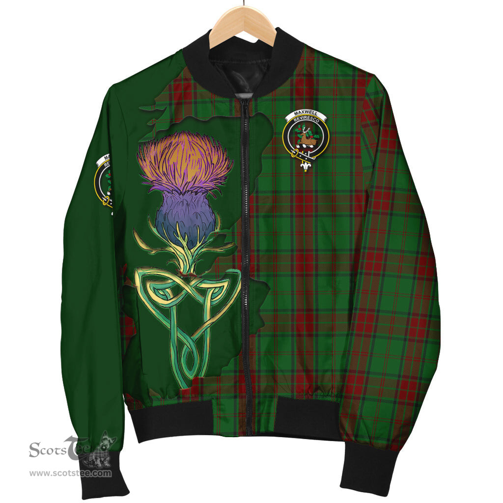 Scottish Maxwell Hunting Tartan Family Crest with Thistle and Scotland Map Tartan Plaid Bomber Jacket Scottish Plaid Tartan Plaid - ScotsTee - scotstee.com