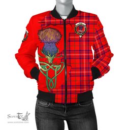 Scottish Rose Modern Tartan Family Crest with Thistle and Scotland Map Tartan Plaid Bomber Jacket Scottish Plaid Tartan Plaid - ScotsTee - scotstee.com