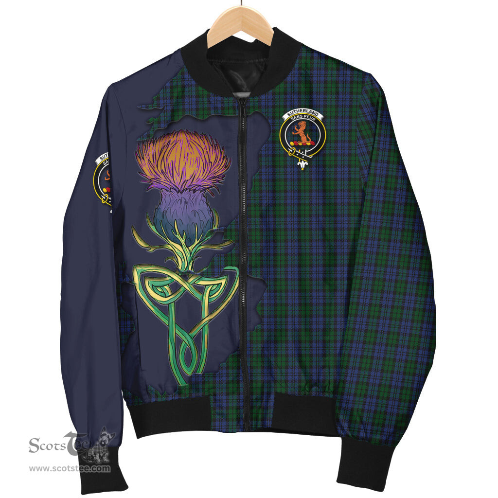 Scottish Sutherland Tartan Family Crest with Thistle and Scotland Map Tartan Plaid Bomber Jacket Scottish Plaid Tartan Plaid - ScotsTee - scotstee.com