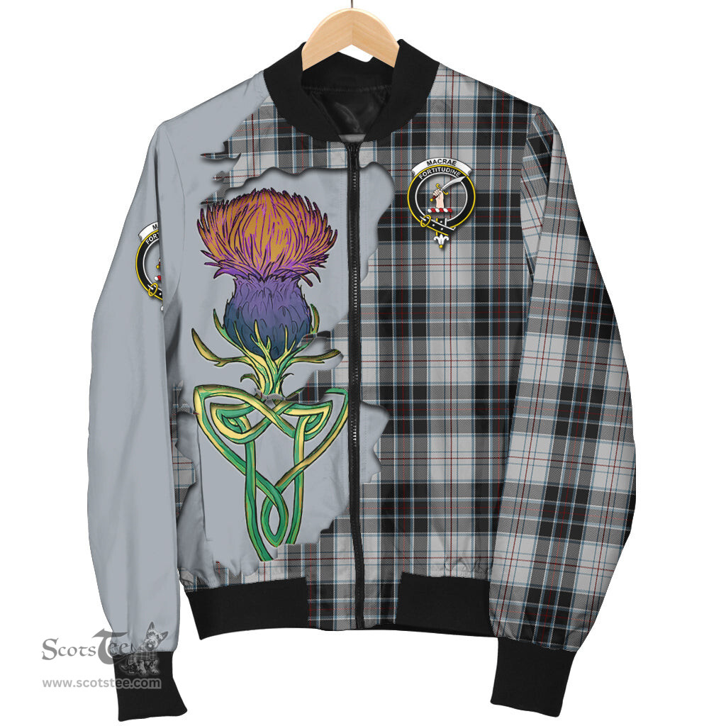 Scottish MacRae Dress Tartan Family Crest with Thistle and Scotland Map Tartan Plaid Bomber Jacket Scottish Plaid Tartan Plaid - ScotsTee - scotstee.com