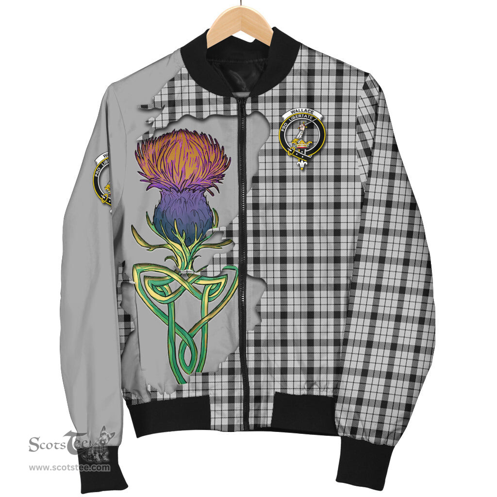 Scottish Wallace Dress Tartan Family Crest with Thistle and Scotland Map Tartan Plaid Bomber Jacket Scottish Plaid Tartan Plaid - ScotsTee - scotstee.com