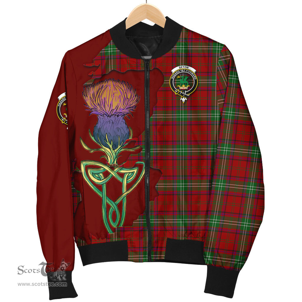 Scottish Seton Tartan Family Crest with Thistle and Scotland Map Tartan Plaid Bomber Jacket Scottish Plaid Tartan Plaid - ScotsTee - scotstee.com