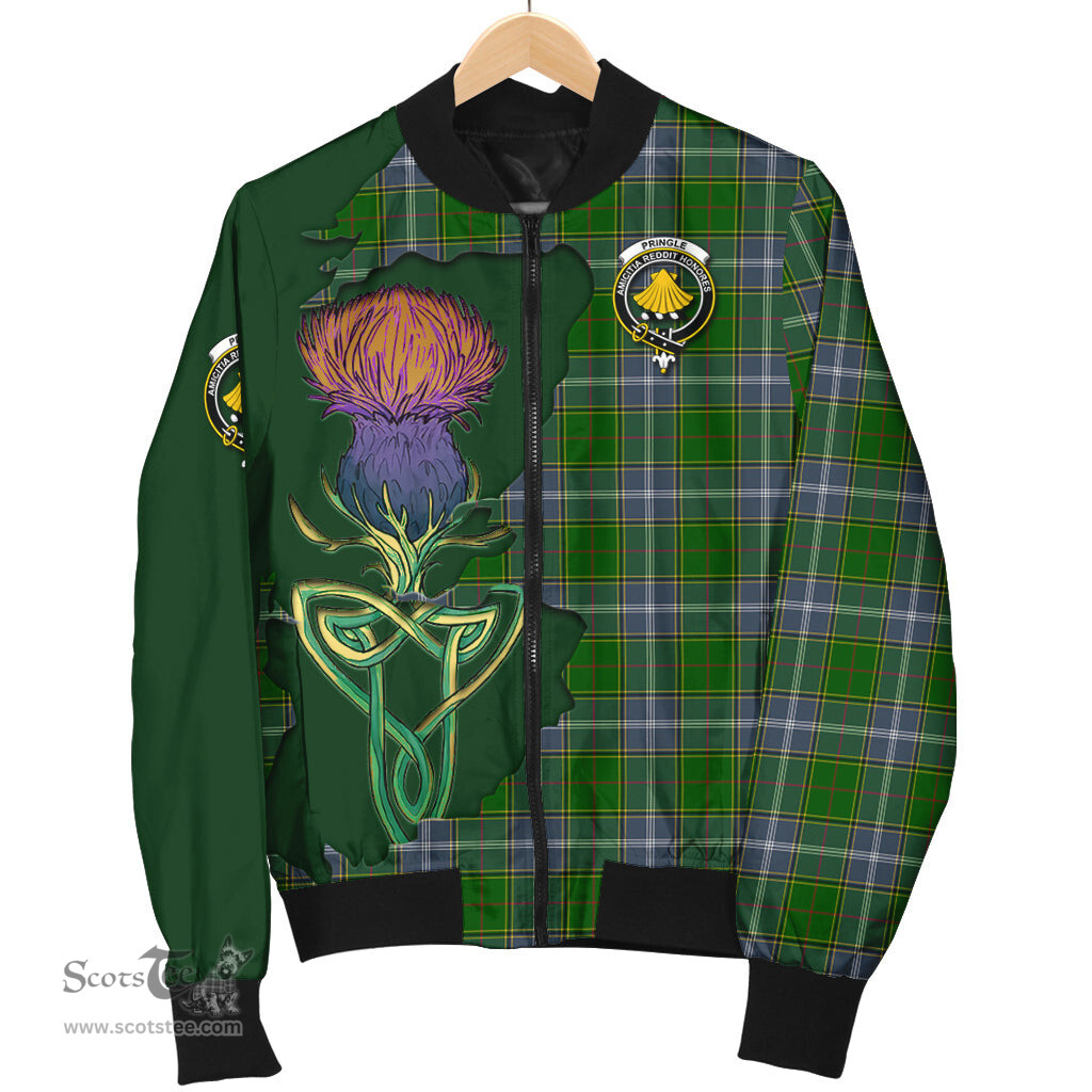 Scottish Pringle Tartan Family Crest with Thistle and Scotland Map Tartan Plaid Bomber Jacket Scottish Plaid Tartan Plaid - ScotsTee - scotstee.com