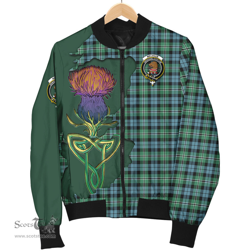 Scottish Melville Ancient Tartan Family Crest with Thistle and Scotland Map Tartan Plaid Bomber Jacket Scottish Plaid Tartan Plaid - ScotsTee - scotstee.com