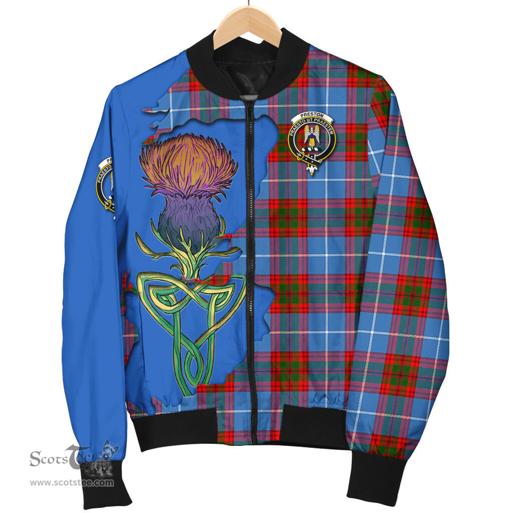 Scottish Preston Tartan Family Crest with Thistle and Scotland Map Tartan Plaid Bomber Jacket Scottish Plaid Tartan Plaid - ScotsTee - scotstee.com