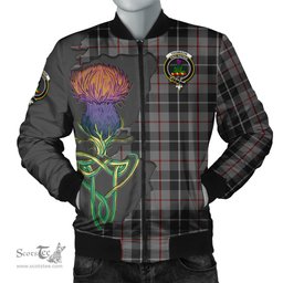 Scottish Thompson Grey Tartan Family Crest with Thistle and Scotland Map Tartan Plaid Bomber Jacket Scottish Plaid Tartan Plaid - ScotsTee - scotstee.com