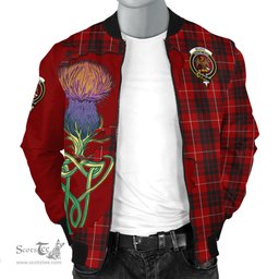 Scottish Munro Black and Red Tartan Family Crest with Thistle and Scotland Map Tartan Plaid Bomber Jacket Scottish Plaid Tartan Plaid - ScotsTee - scotstee.com