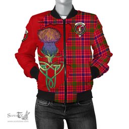 Scottish MacRae Modern Tartan Family Crest with Thistle and Scotland Map Tartan Plaid Bomber Jacket Scottish Plaid Tartan Plaid - ScotsTee - scotstee.com