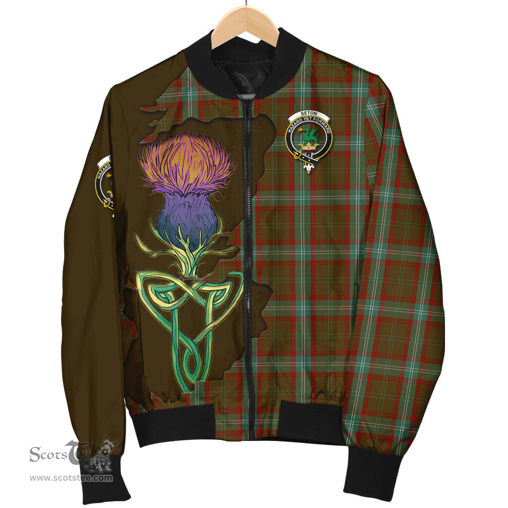 Scottish Seton Hunting Tartan Family Crest with Thistle and Scotland Map Tartan Plaid Bomber Jacket Scottish Plaid Tartan Plaid - ScotsTee - scotstee.com