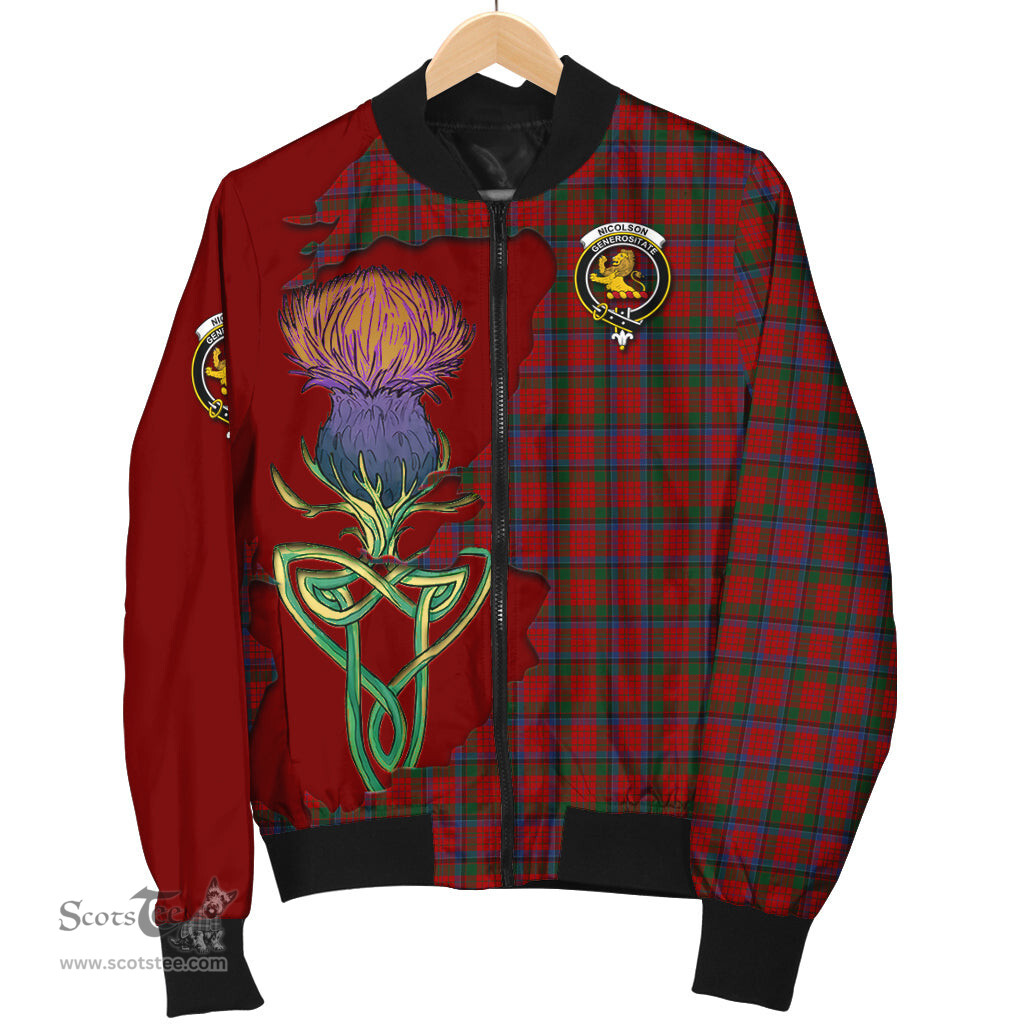 Scottish Nicolson Tartan Family Crest with Thistle and Scotland Map Tartan Plaid Bomber Jacket Scottish Plaid Tartan Plaid - ScotsTee - scotstee.com