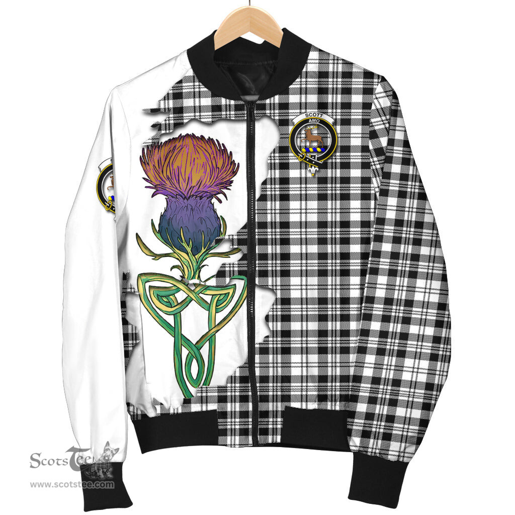 Scottish Scott Black White Tartan Family Crest with Thistle and Scotland Map Tartan Plaid Bomber Jacket Scottish Plaid Tartan Plaid - ScotsTee - scotstee.com