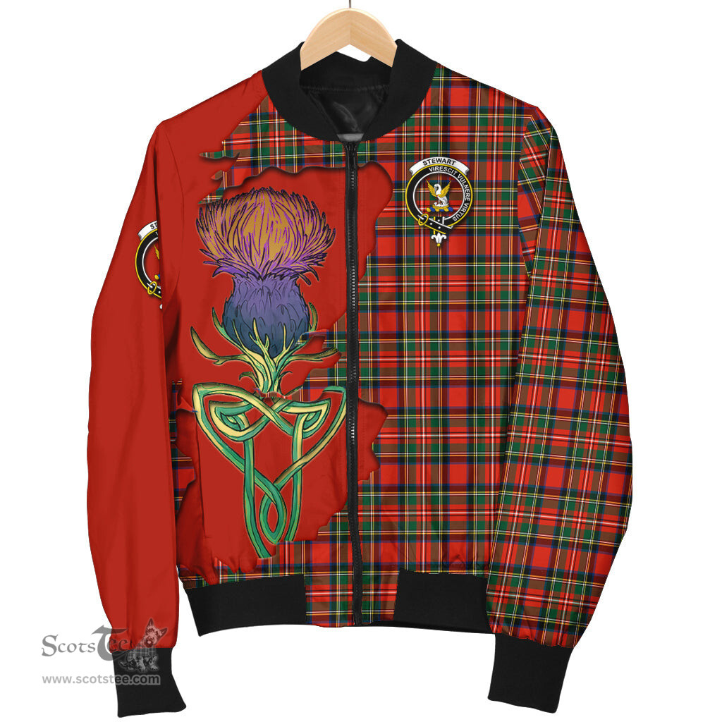 Scottish Stewart Royal Modern Tartan Family Crest with Thistle and Scotland Map Tartan Plaid Bomber Jacket Scottish Plaid Tartan Plaid - ScotsTee - scotstee.com