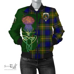 Scottish Muir Tartan Family Crest with Thistle and Scotland Map Tartan Plaid Bomber Jacket Scottish Plaid Tartan Plaid - ScotsTee - scotstee.com