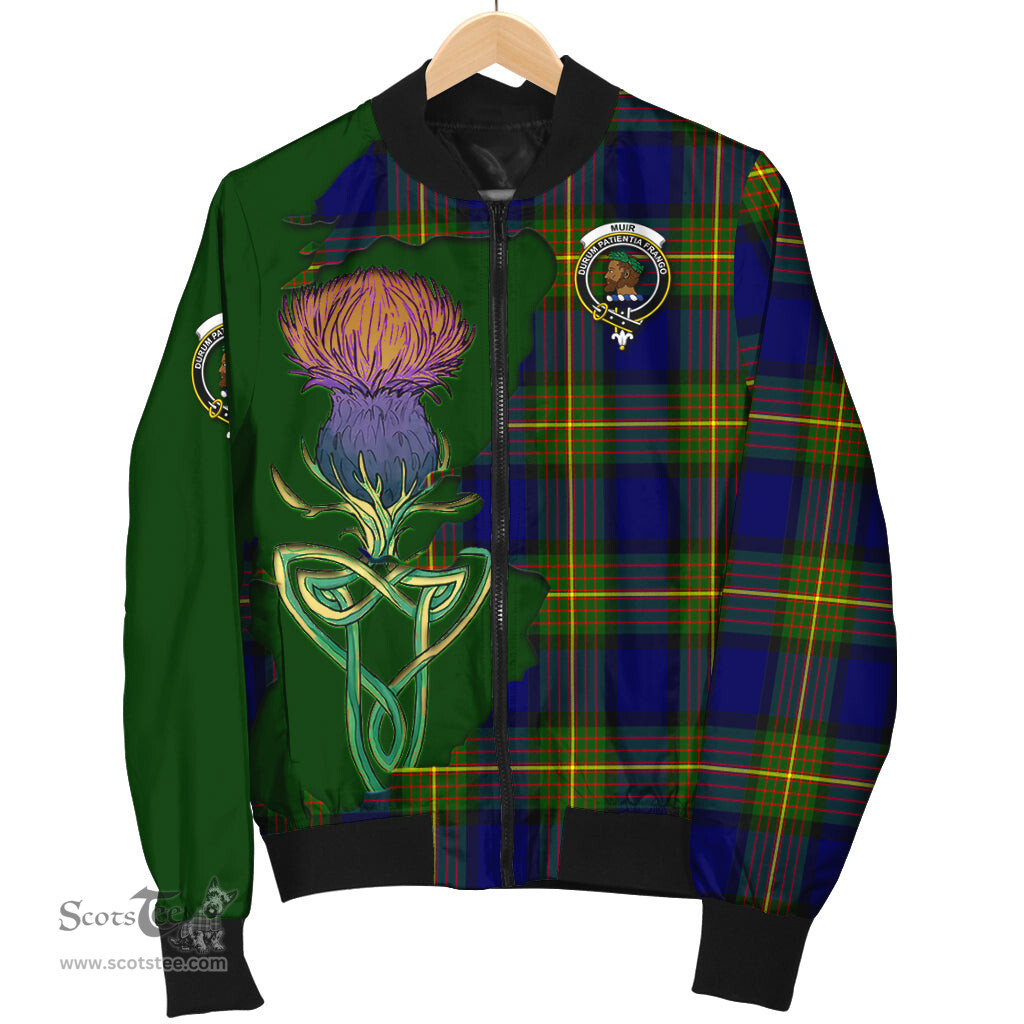 Scottish Muir Tartan Family Crest with Thistle and Scotland Map Tartan Plaid Bomber Jacket Scottish Plaid Tartan Plaid - ScotsTee - scotstee.com