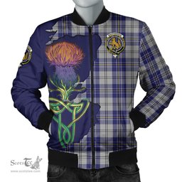 Scottish MacPherson Dress Blue Tartan Family Crest with Thistle and Scotland Map Tartan Plaid Bomber Jacket Scottish Plaid Tartan Plaid - ScotsTee - scotstee.com