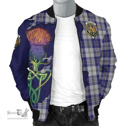 Scottish MacPherson Dress Blue Tartan Family Crest with Thistle and Scotland Map Tartan Plaid Bomber Jacket Scottish Plaid Tartan Plaid - ScotsTee - scotstee.com